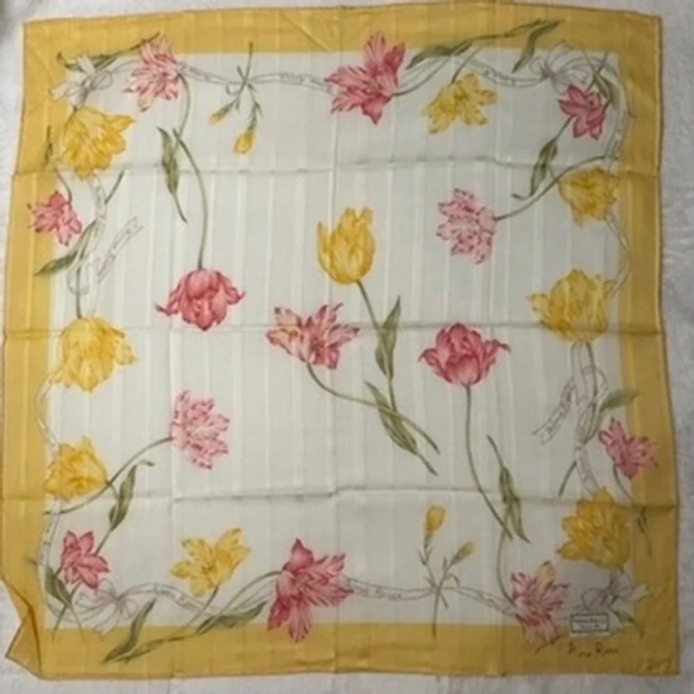 Vtg NINA RICCI Scarf Handkerchief Tulip Floral Cotton Yellow Pink 18.5